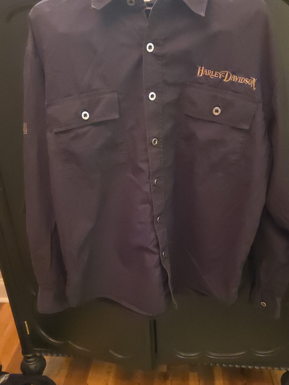 Harley-Davidson Men's Navy Button-Down Work Shirt with Orange Logo